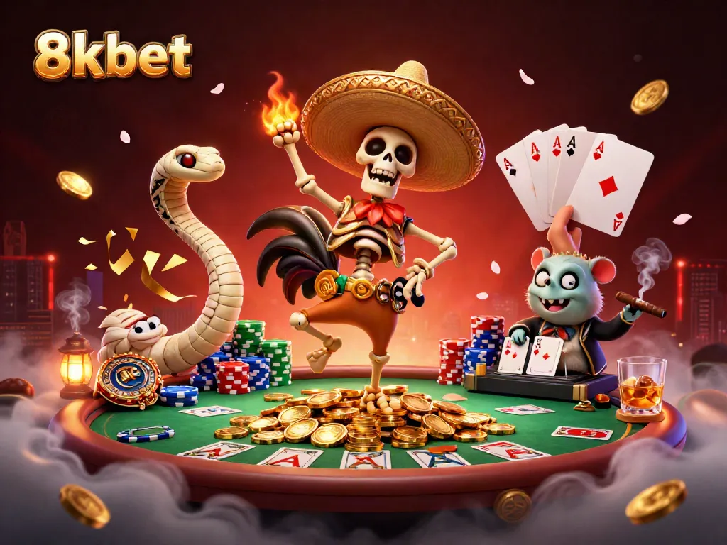 Celebrate winnings with 8xbet's vibrant 3D casino scene filled with gaming action.