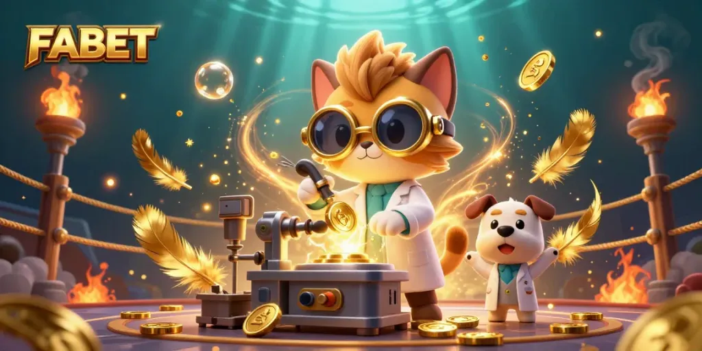 FABET's engaging sports betting scene showcases a mad scientist cat with gold coins and dynamic elements.