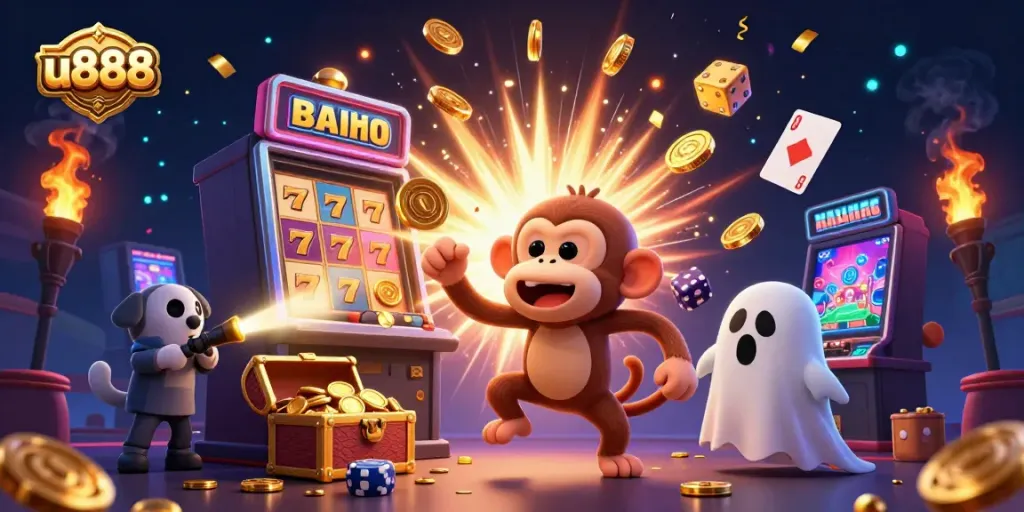 Experience thrilling gameplay at u888 with a vibrant casino scene showcasing excitement and golden treasures.