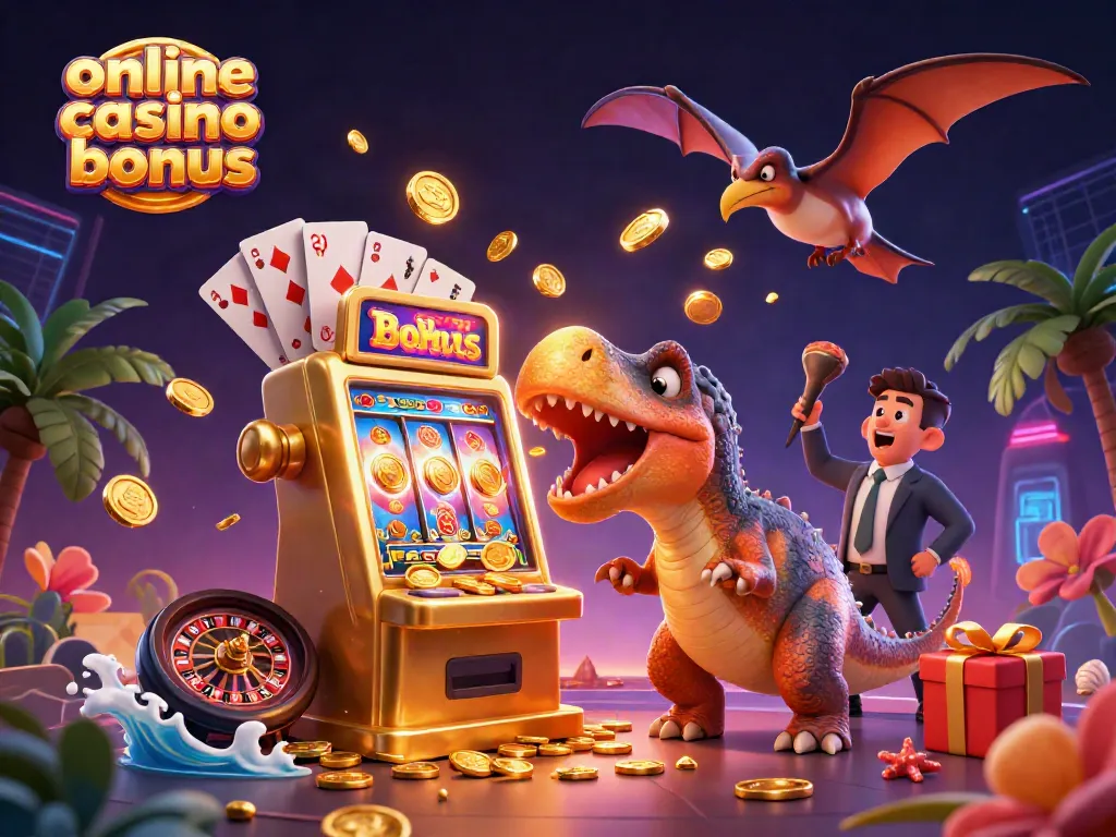 Experience the excitement of online casino bonuses with a vibrant 3D casino scene featuring dinosaurs!