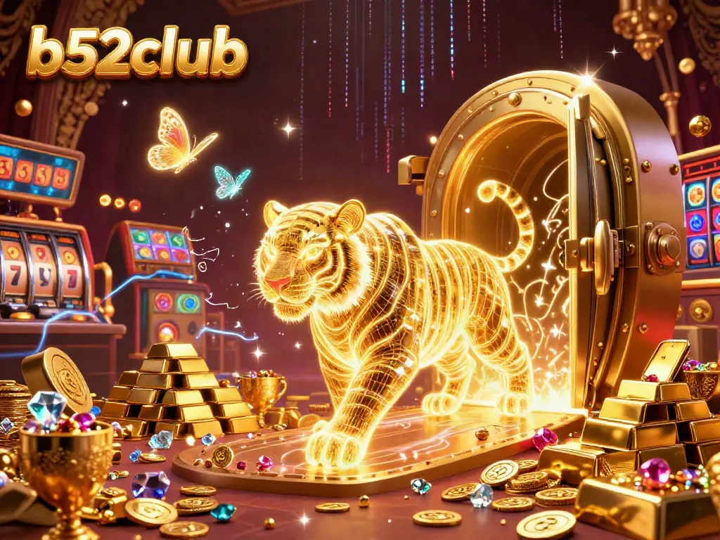 Experience the excitement of b52club's dynamic casino world, featuring a golden tiger amidst treasures and slot reels.