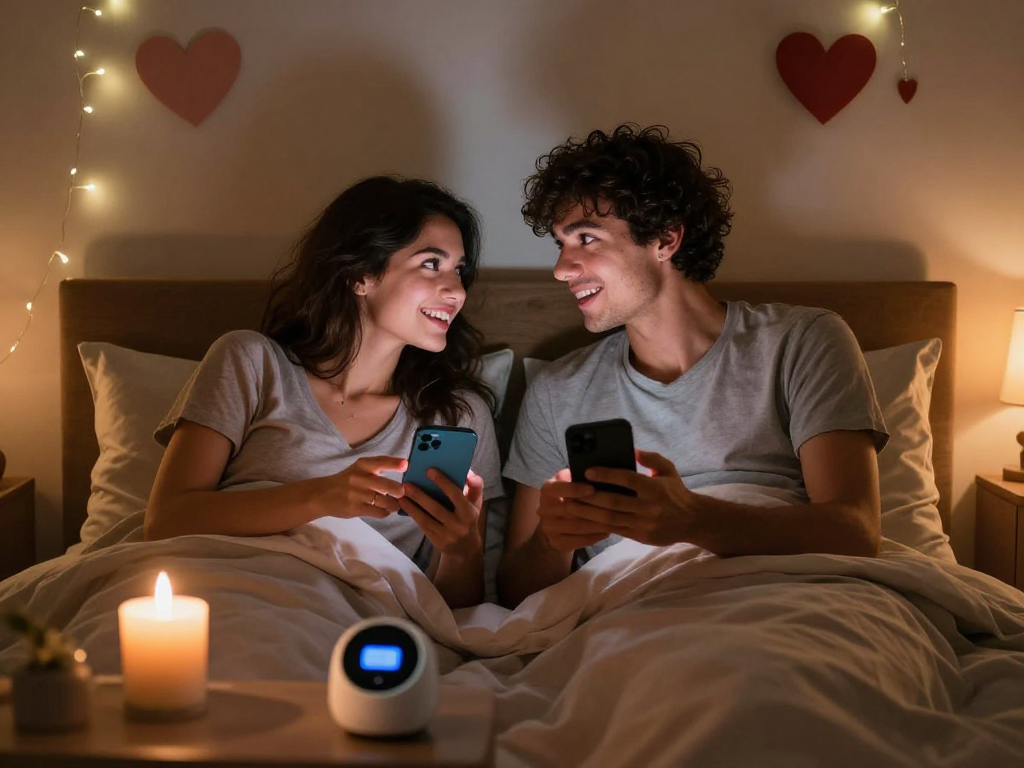 A couple enjoying ai dirty talk in a cozy bedroom with romantic lighting.