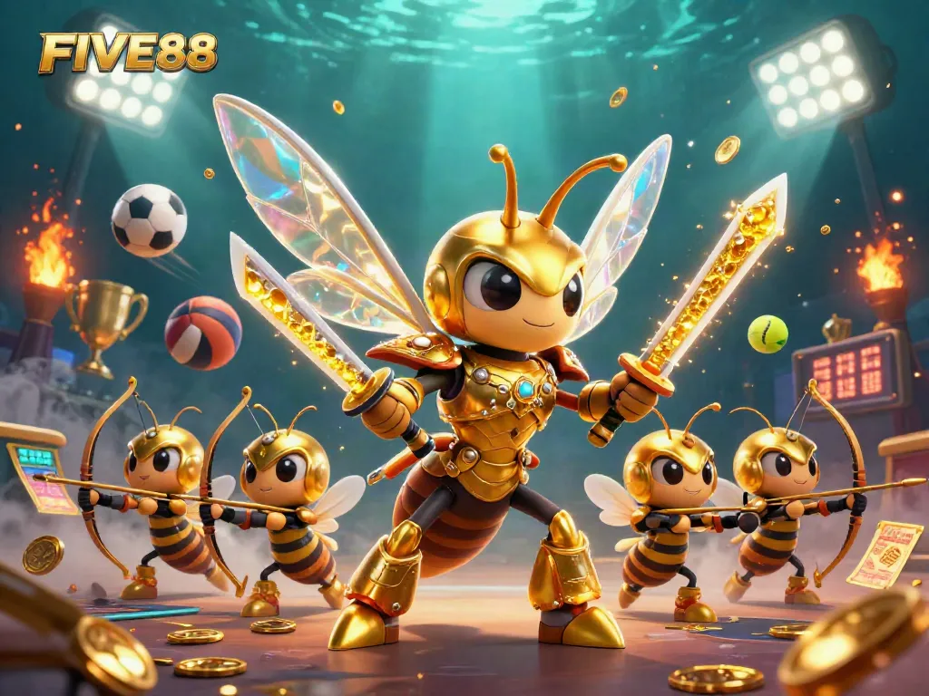 Engage with FIVE88's thrilling gaming experience, featuring a samurai hornet and lively sports elements.
