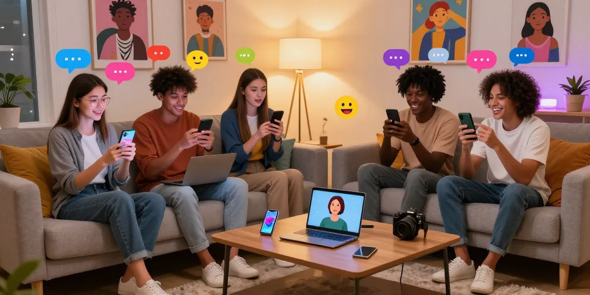 Engaging AI sex conversations with diverse friends using digital devices in a cozy living space.