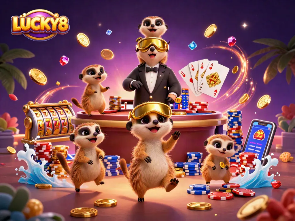 LUCKY88 meerkats managing a vibrant casino operation with slot reels and colorful poker chips.