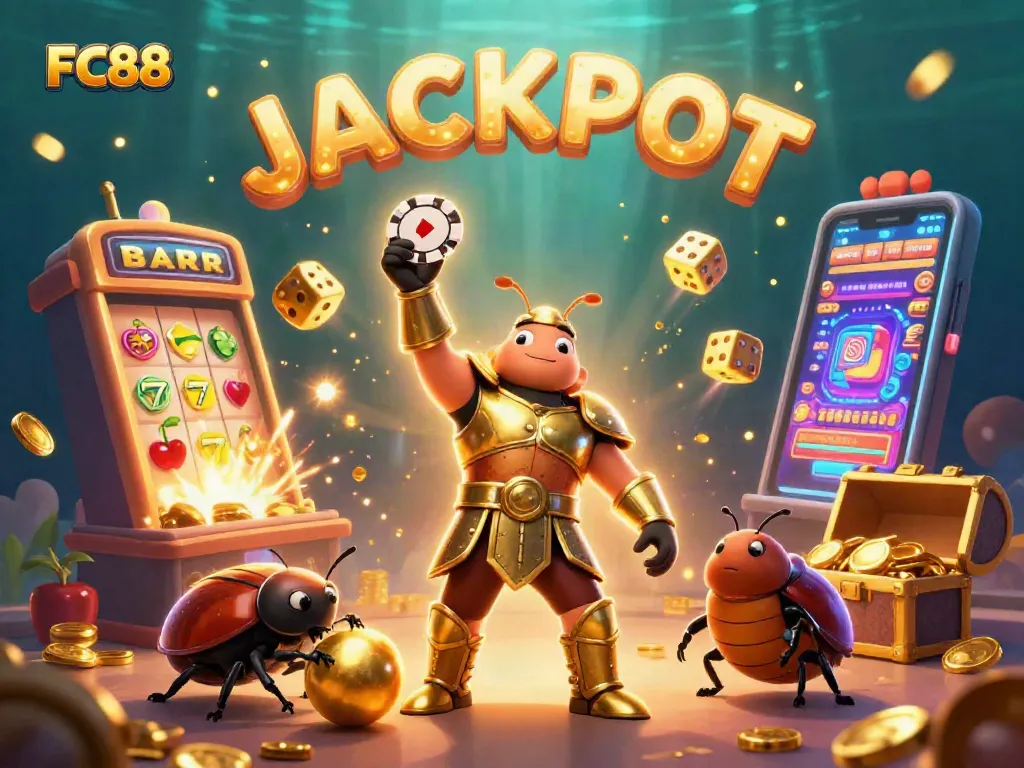 FC88 offers exciting wins with lively casino elements and a jackpot celebration in this vivid illustration.