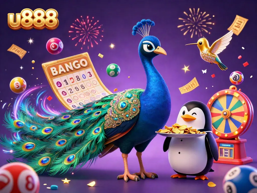 Experience the excitement of u888 with a vibrant dynamic scene featuring a dazzling peacock, a butler penguin, and colorful lottery elements.