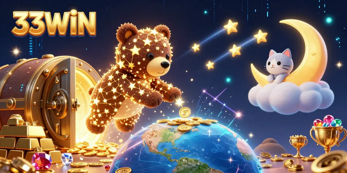 Engage with the vibrant 33WIN universe, featuring glowing golden treasures and enchanting casino elements.
