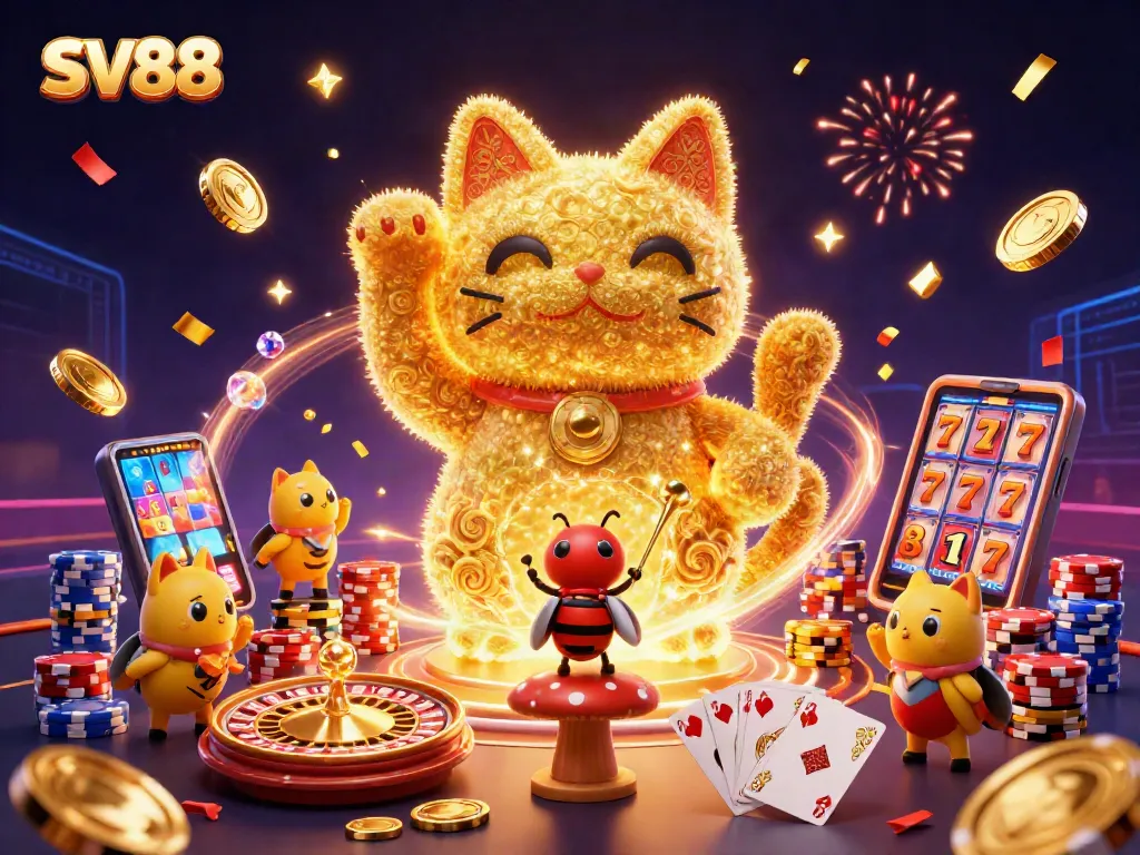 Experience the joy of SV88 with a vibrant 3D illustration of luck and casino symbols.