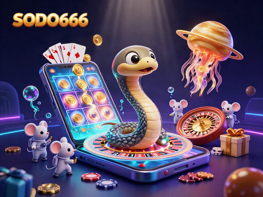 SODO666 showcases a cosmic casino scene with a Saturn ring snake and betting astronaut mice.