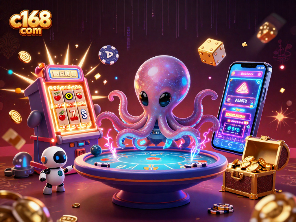 Play exciting games at c168 com with a vibrant 3D scene featuring alien characters and casino elements.