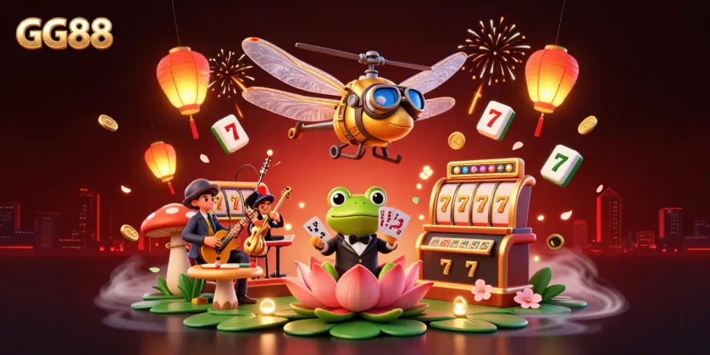 Experience the vibrant world of GG88 with lively characters and dynamic game elements in this immersive 3D casino scene.