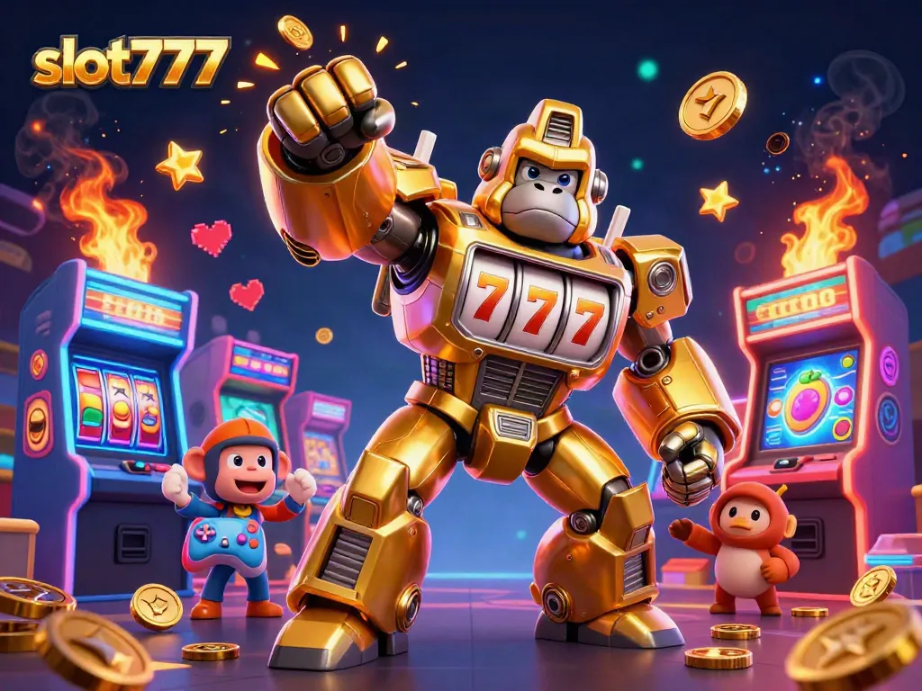 Play exciting slot777 games with a golden gorilla mech and vibrant casino elements.