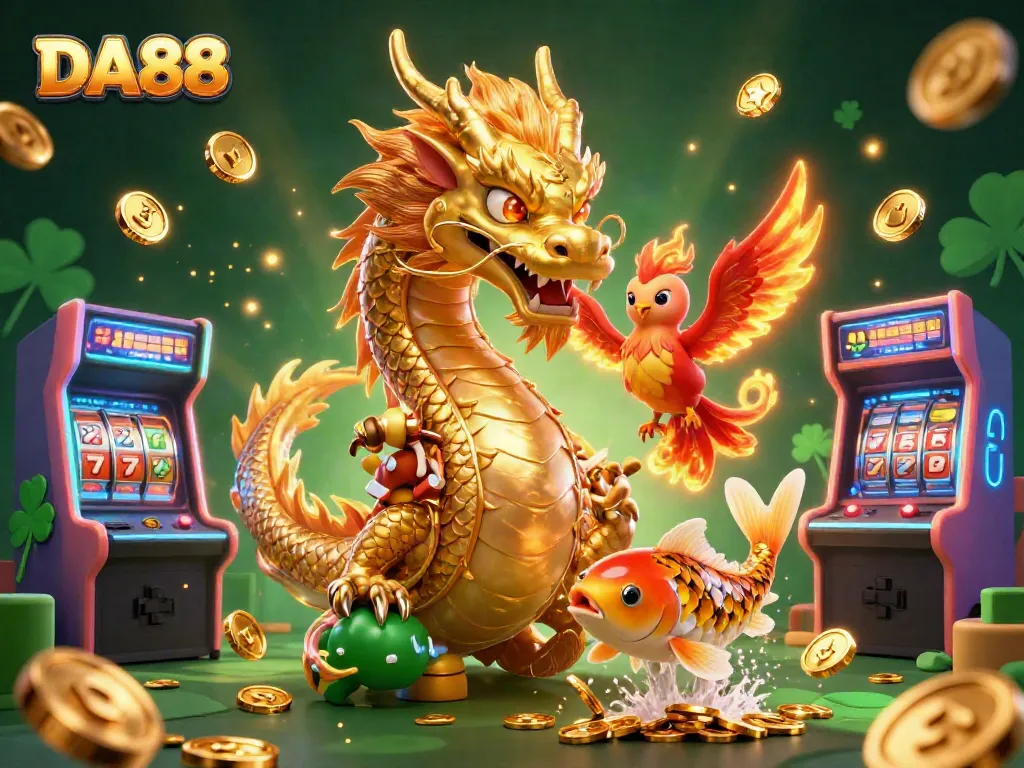 Experience the thrill of DA88 in this vibrant casino-themed illustration with a majestic dragon.