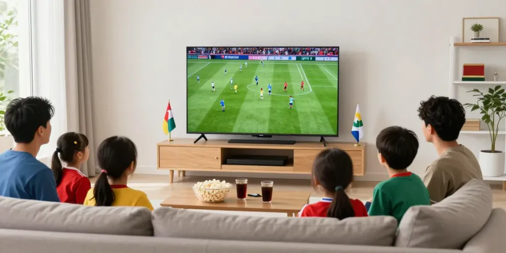 Family enjoying IPTV Italia service on a smart TV in a cozy living room.