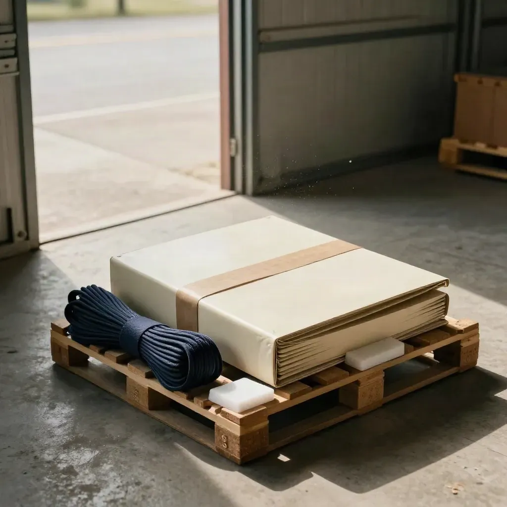 Cartella export avorio su mini pallet, in un magazzino aperto con luce morbida e polvere.