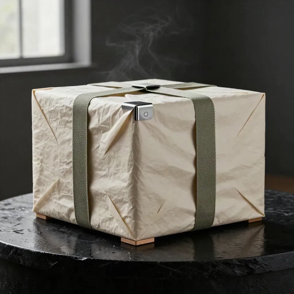 Cassa export avvolta in carta cerata su pietra bagnata con riflessi e vapori salvia.