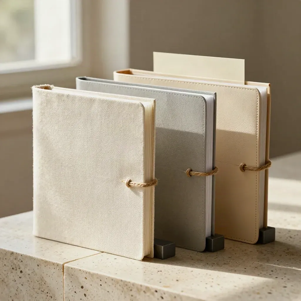 Tre cartelle Incoterms in materiali diversi con spago e blocco metallico su travertino.