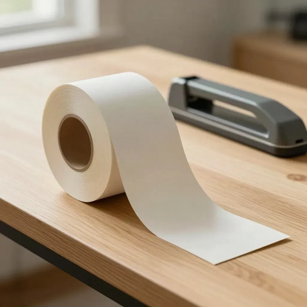 Rotolo di etichette export con cutter opaco e cartoncino avorio su tavolo in legno chiaro.