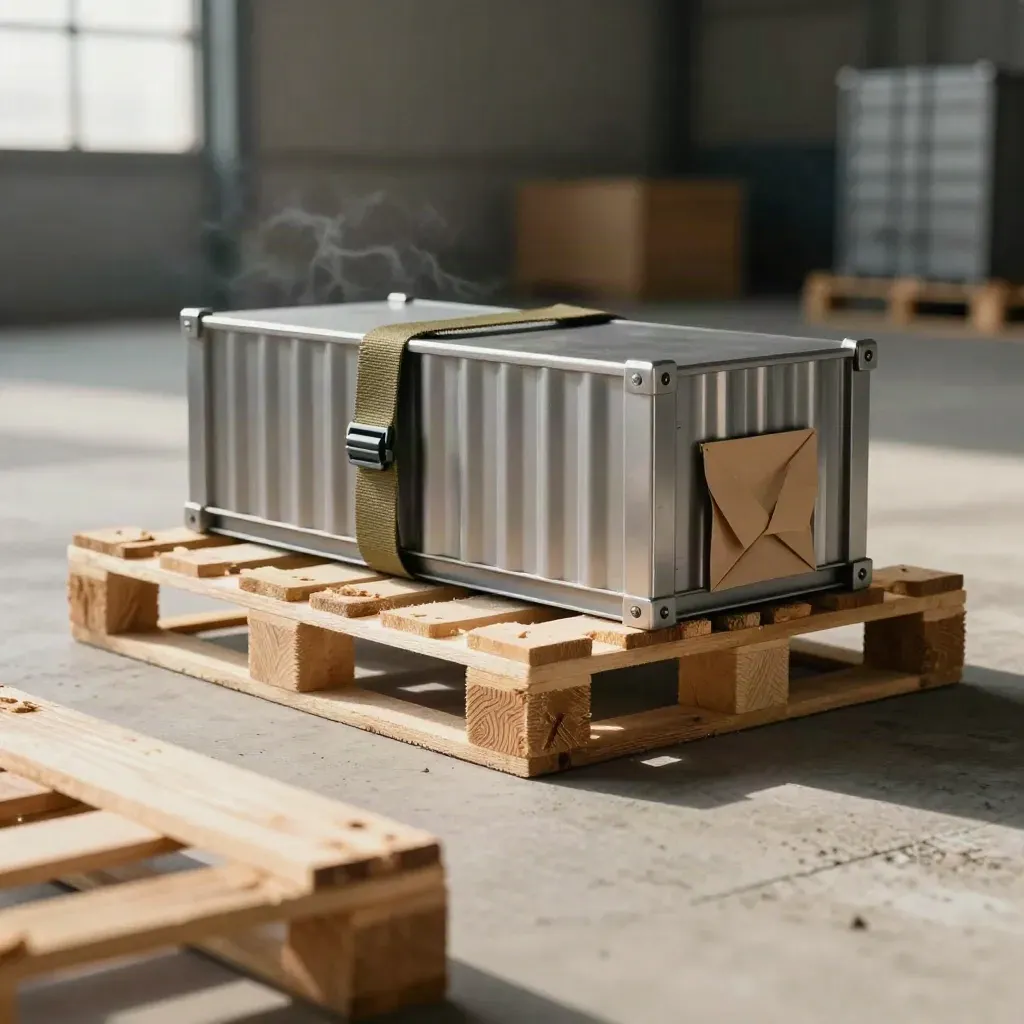 Blocco pallet con mini container, cinghia e angolare metallico su cemento chiaro