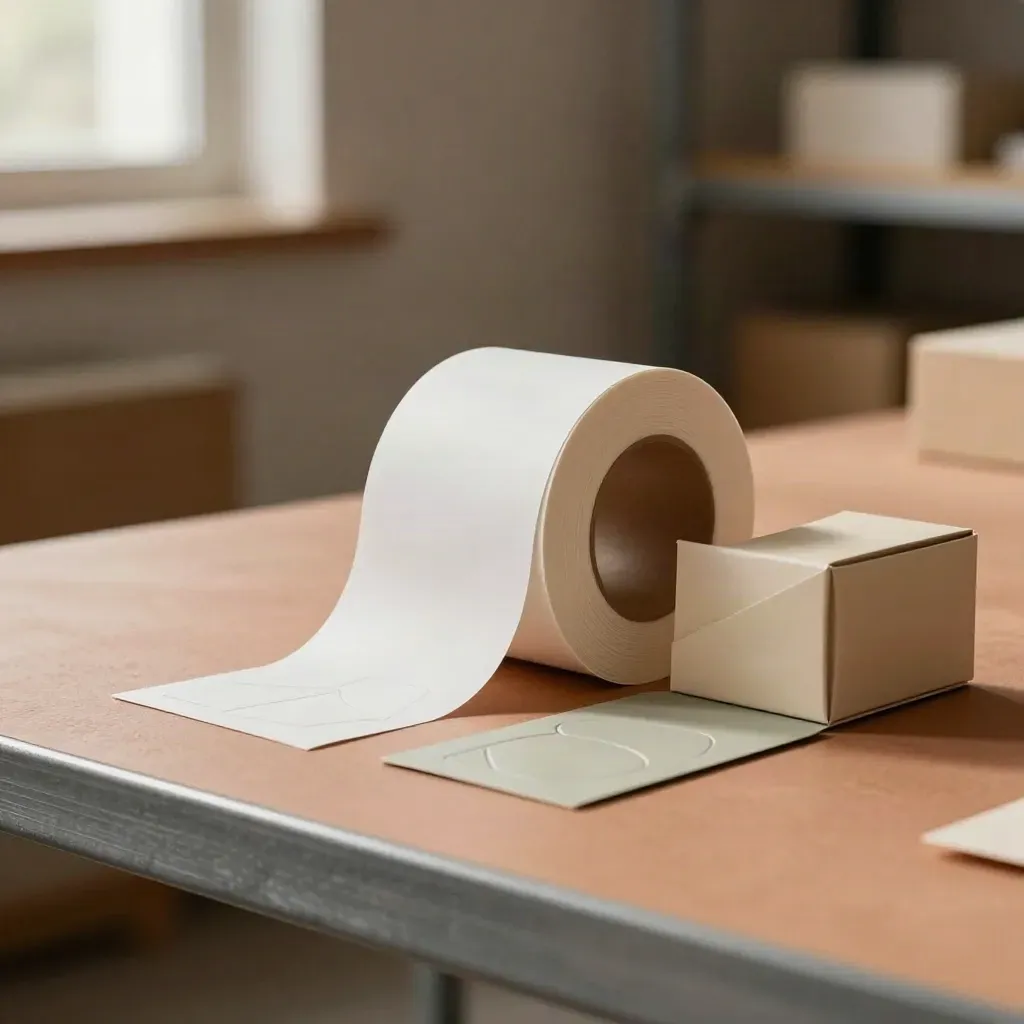 Kit etichette e conformità con rotolo, cartoncino e scatola su piano in terracotta chiara.