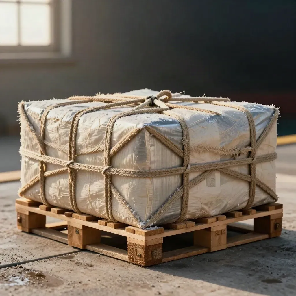 Mini pallet per spedizione mare con rete cargo e blocco metallico su banchina chiara.