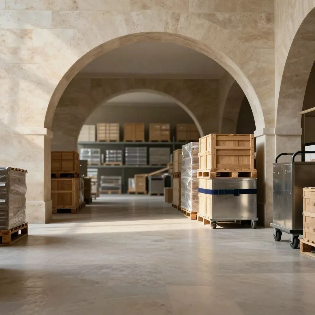 Atrio logistico in pietra con arco alto, casse sfocate e luce calda del pomeriggio.
