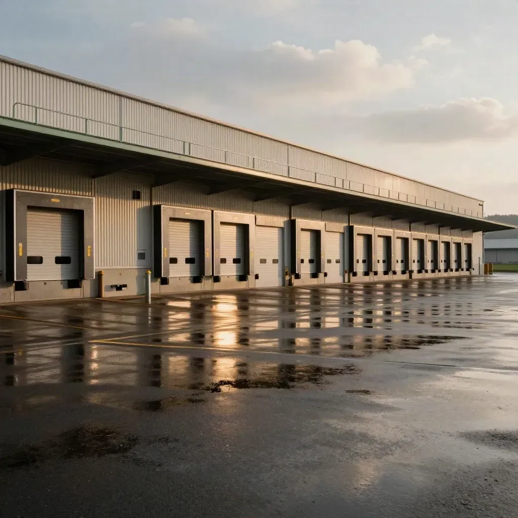 Piazzale logistico bagnato al tramonto con magazzino, riflessi e cielo che si apre dopo la pioggia