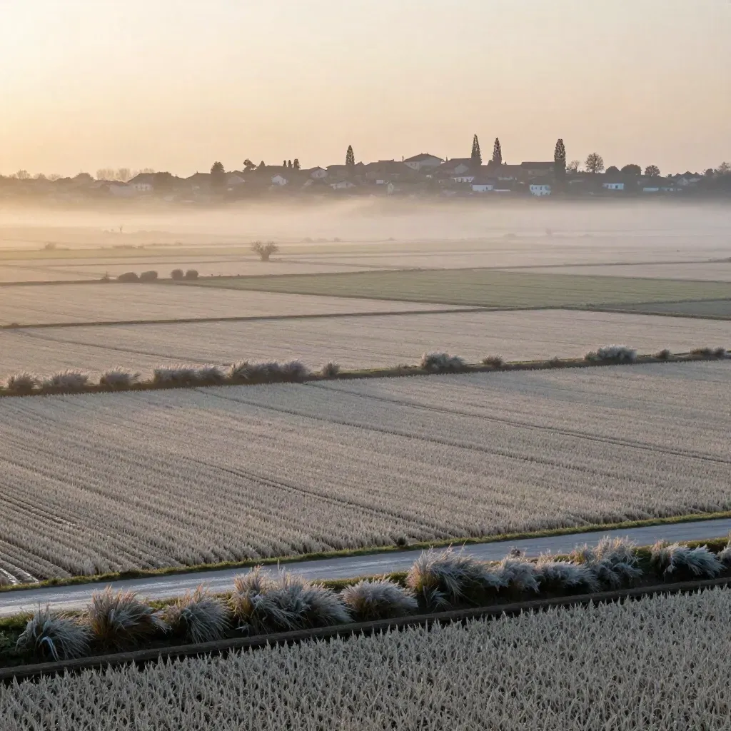 Risaia lombarda all’alba con nebbia, strada piatta e profilo di paese in lontananza.
