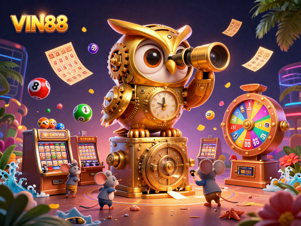 Experience the thrill at VIN88 casino with colorful elements and lively characters interacting in a vibrant scene.