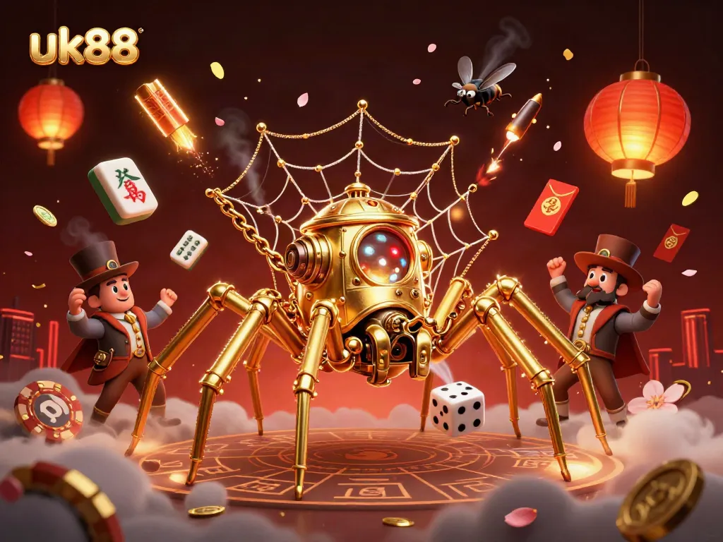 Engage in thrilling gaming at UK88 with a 3D steampunk spider webbing around lucky charms and dice.