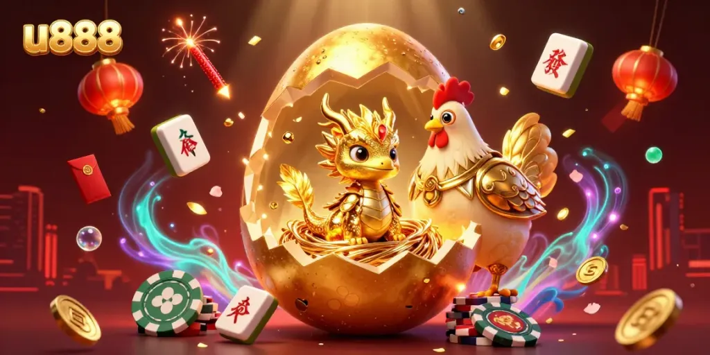 Experience u888's vibrant casino adventure with gold dragon, poker chips, and rich decorations.