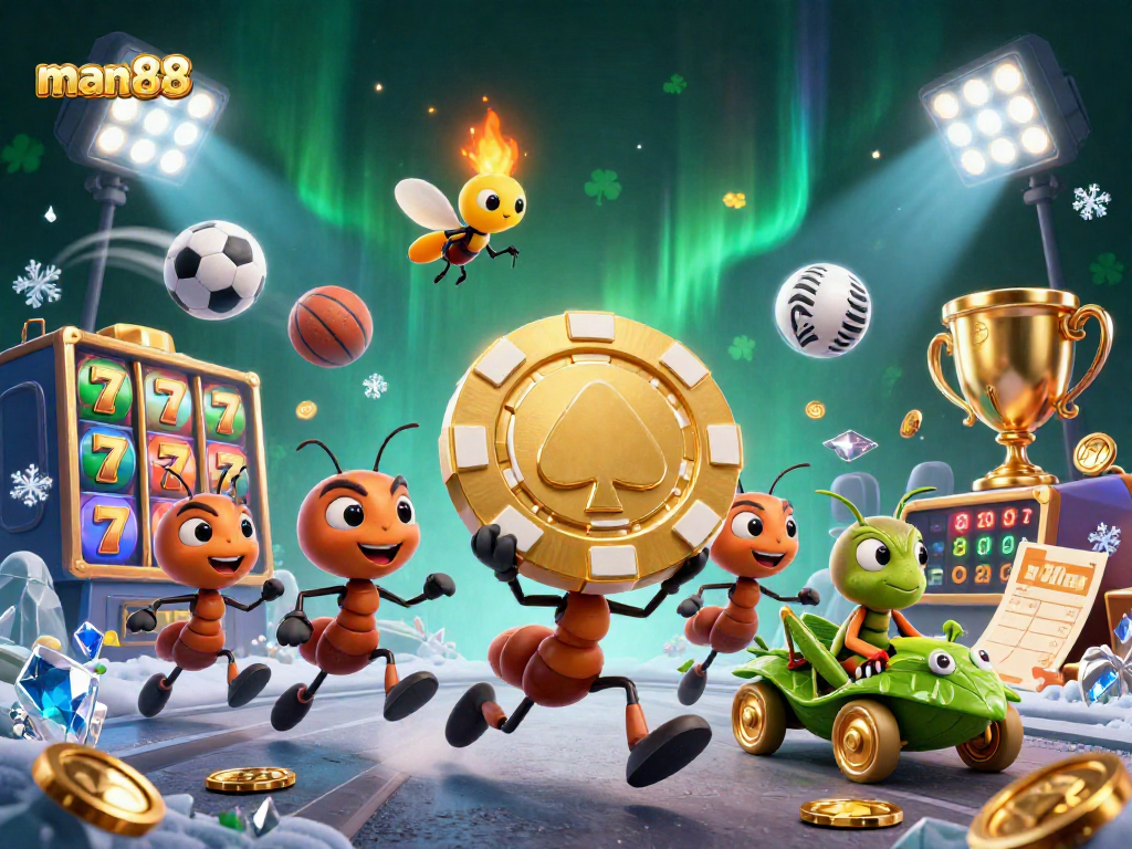 man88 showcases an energetic illustration of ants stealing a giant poker chip in a casino heist.