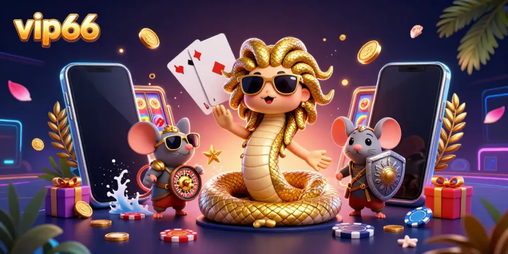 Experience the excitement of vip66 with animated Medusa, a warrior mouse, and vibrant casino games.