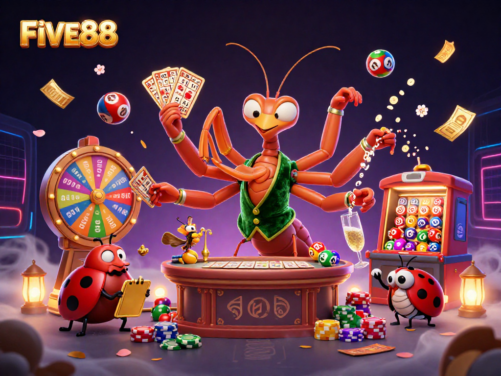 Experience exciting gameplay with FIVE88 in this vibrant casino scene filled with energetic characters and dynamic gaming elements.