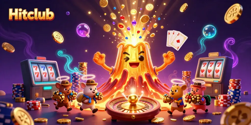 Experience thrilling gameplay with Hitclub's vibrant casino scene, featuring a golden volcano and treasure.