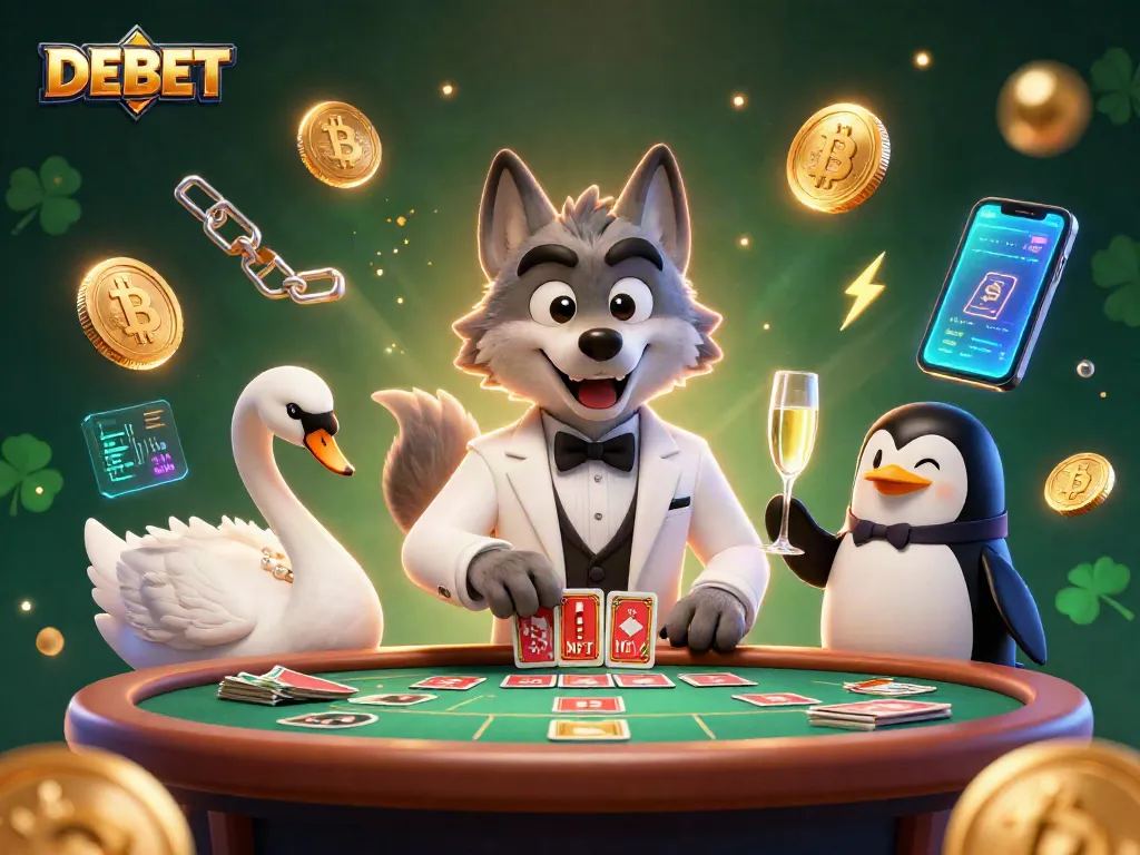 Join the debonair wolf at the baccarat table in this vibrant DEBET casino scene.