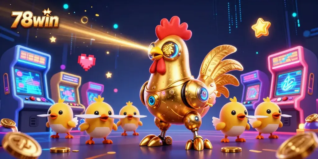 Engage in thrilling games at 78win, where a golden rooster robot and cute chick drones bring a vibrant casino atmosphere alive.