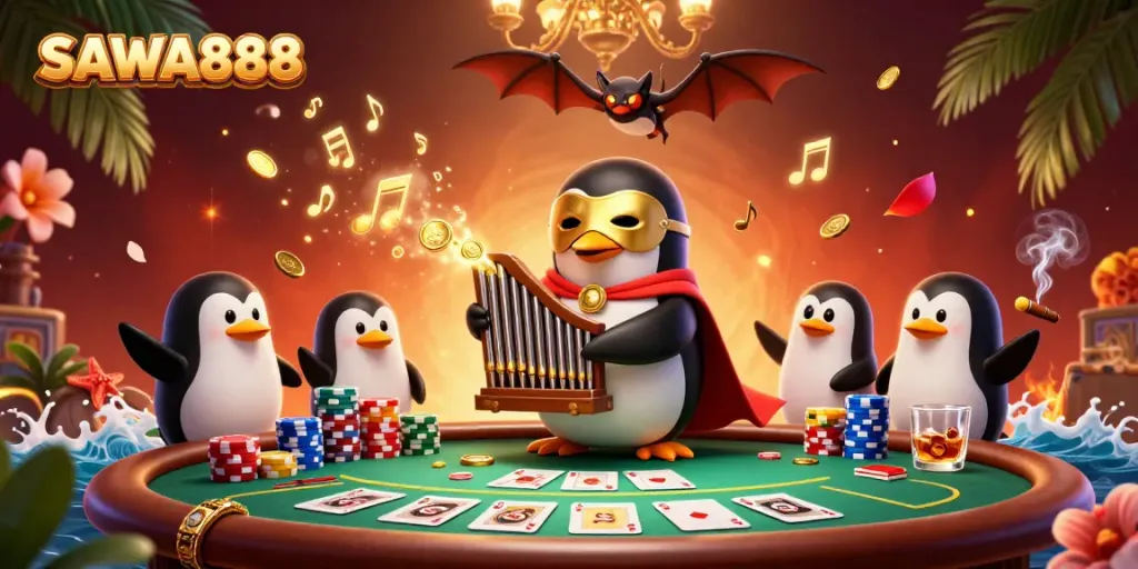 Experience SAWA888 excitement with a vibrant scene of a penguin playing a coin-shooting organ at a lively poker table.