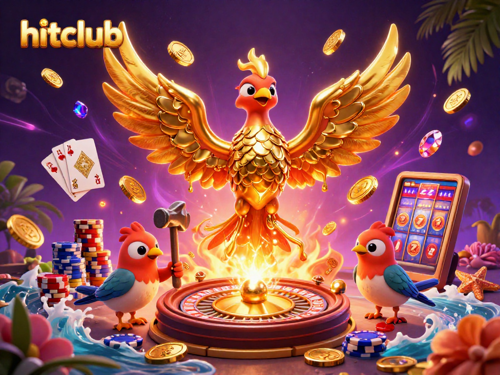 Win big at hitclub with a vibrant casino scene featuring golden coins and a spinning roulette wheel.