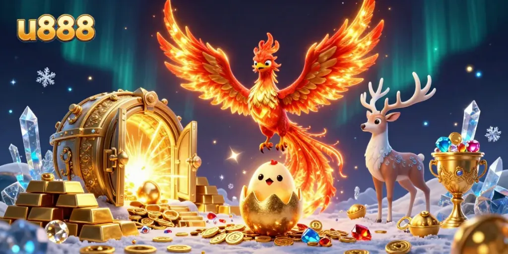Experience thrilling wins at u888 with a majestic phoenix and treasures in a vibrant casino scene.