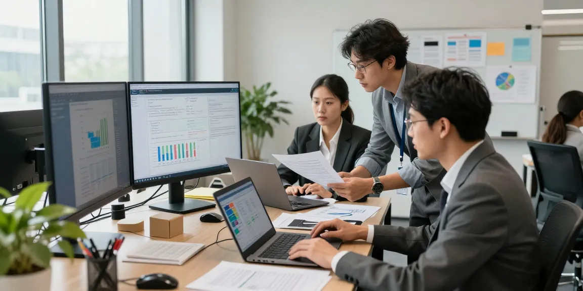 Document fraud detection team analyzing data with advanced software in modern office
