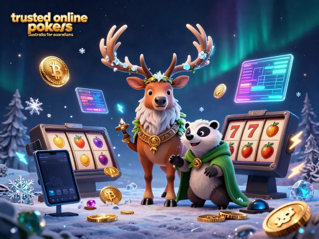 Play trusted online pokies australia for australians illustrated with magical casino characters and vibrant symbols.