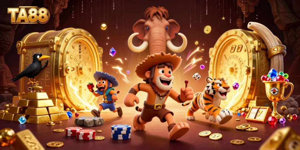 Experience the thrilling excitement of TA88 with a vibrant prehistoric casino scene featuring ancient gaming elements.