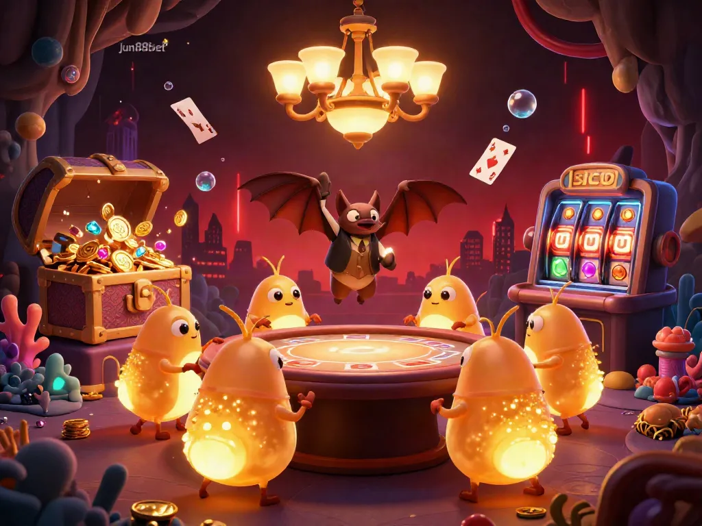 Experience the excitement of jun88bet as illuminating glowworms bring a cave casino to life, highlighting slot reels, treasure, and a bat dealer.