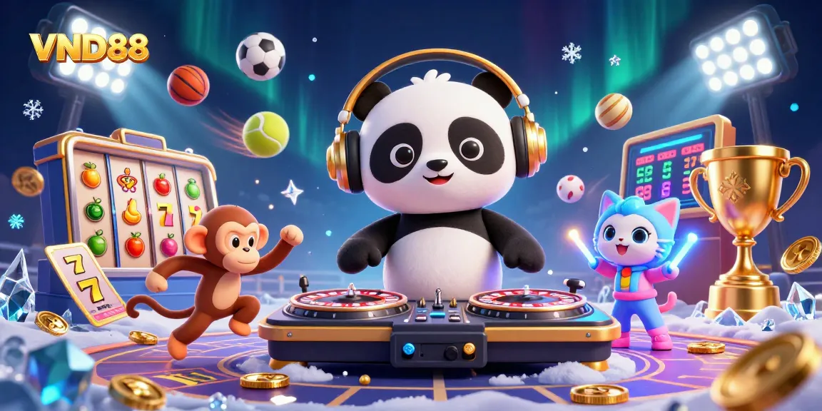 Experience the vibrant energy of VND88 with a lively casino scene featuring a DJ panda and more.