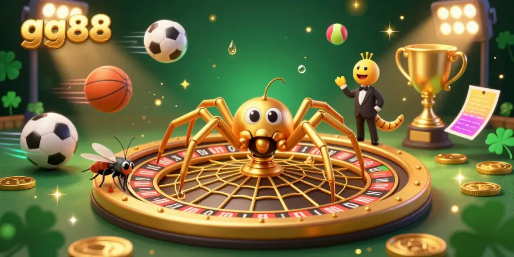 Join the action with gg88 as a golden spider spins a roulette web, animated sports elements surround the excitement.