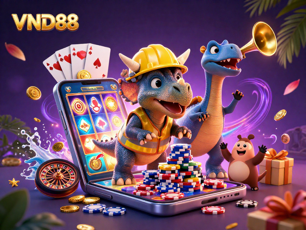 Experience the thrill with VND88 as cartoon dinosaurs celebrate casino wins amidst vibrant gaming elements.